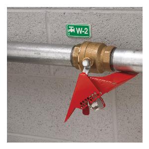 Ball Valve Lockout, Wedge Style, 1/4 in Fits Minimum Handle Size, 3 in Fits Maximum Handle Size, 1 Padlocks Maximum, 9/32 in Padlock Shackle Maximum Diameter, Powder Coated Metal, Red