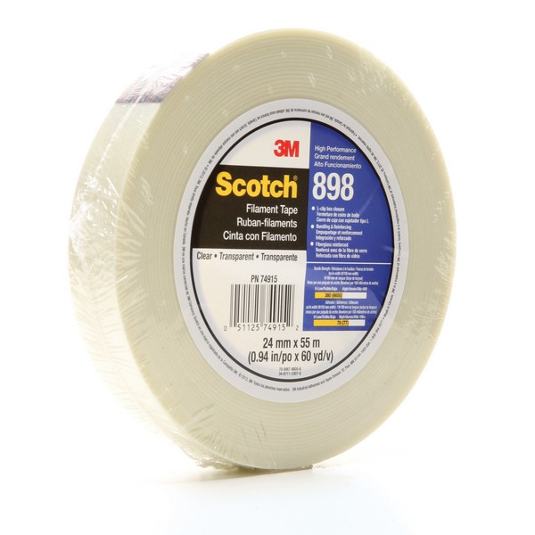 Filament Tape, High Performance, 55 m Length, 24 mm Width, 6.6 mil Thickness, Fiberglass Yarn Filament, Clear, Synthetic Rubber Adhesive, Polypropylene Backing, 70 in-oz Adhesion Strength, 380 in-lb Tensile Strength, Specifications Met: ASTM D5330