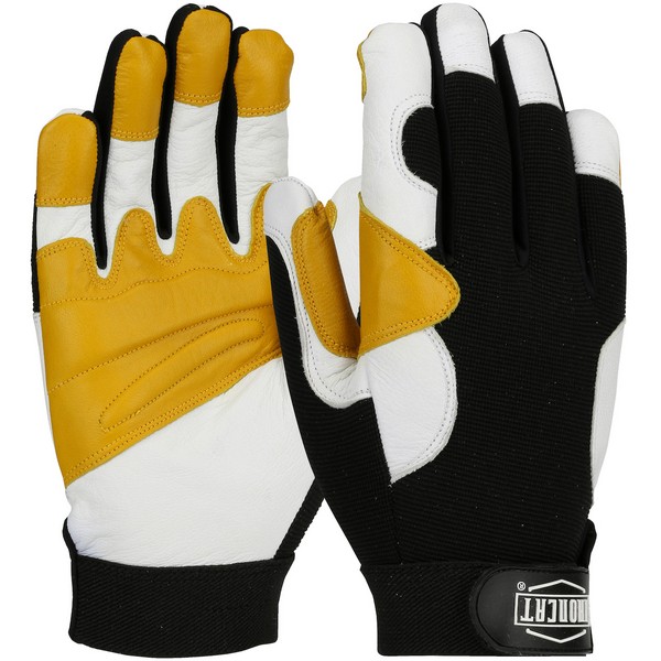 General Purpose Gloves, Heavy Duty Unisex, Series: 86555, Leather Palm/Work Glove Type, M, Grain Goatskin Leather Palm, Grain Goatskin Leather/Spandex®, Black/Gold/Pearl, Full Finger/Wing Thumb, Hook and Loop Closure, 9 in Length