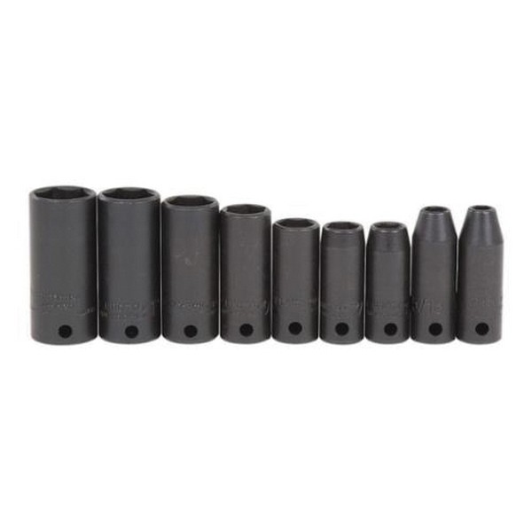 Socket Set, Deep Thin Wall, Yes Impact Rated, Measurement System: Imperial, 9 Piece, 6 Points, 1/4 to 3/4 in Included Socket Size, 3/8 in Drive, ASME B107.2 Specifications Met, Alloy Steel, Black Oxide
