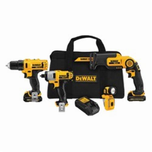 Cordless Combination Kit, 4-Tool, Drill/Impact Driver/Reciprocating Saw, 12 VDC, Lithium-Ion, 1.5 Ah Battery, For Use With: DCB200, DCB201 Battery and DCB101, DCB119 Charger, Contractor Bag Package Type, Black/Yellow
