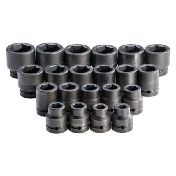 Impact Socket Set, Impact Rated: Yes, Measurement System: Imperial, 21 Piece, 6 Points, Included Socket Size: 3/4 to 2 in, 1 in Drive, Specifications Met: ASME Specified, Alloy Steel, Black Oxide