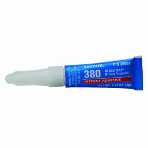 Instant Adhesive, Toughened, Series: Black Max® 380, Tube Container, 3 g Container, Ethyl Base, 90 s Begins to Harden, 90 s Setting, 24 hr. Curing, Black, -65 to 225 deg F Operating/35.6 to 46.4 deg F Storage, 1.1 Specific Gravity, <lt/>20 g/L VOC, 3