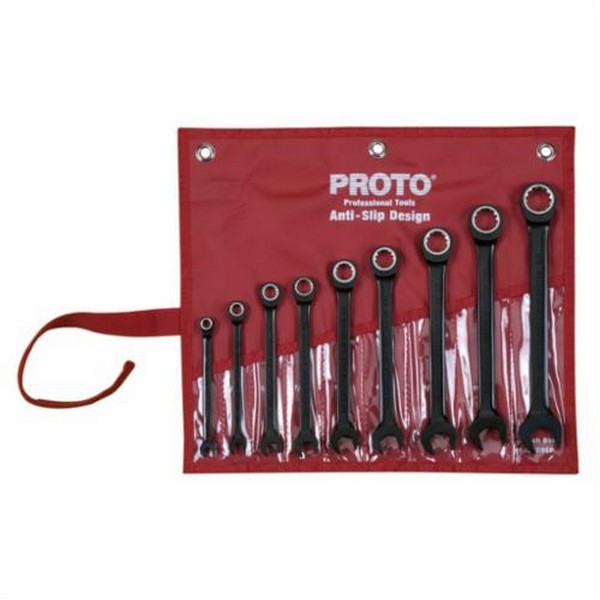 Combination Wrench Set, Anti-Slip Non-Reversible Ratcheting Spline, Imperial System of Measurement, 1/4 to 3/4 in, 9 Piece, For Use With: 4, 6, 12 Point, Spline and Torx® Fastener, Spline Point, Box/Open End Drive, Polished Chrome/Black