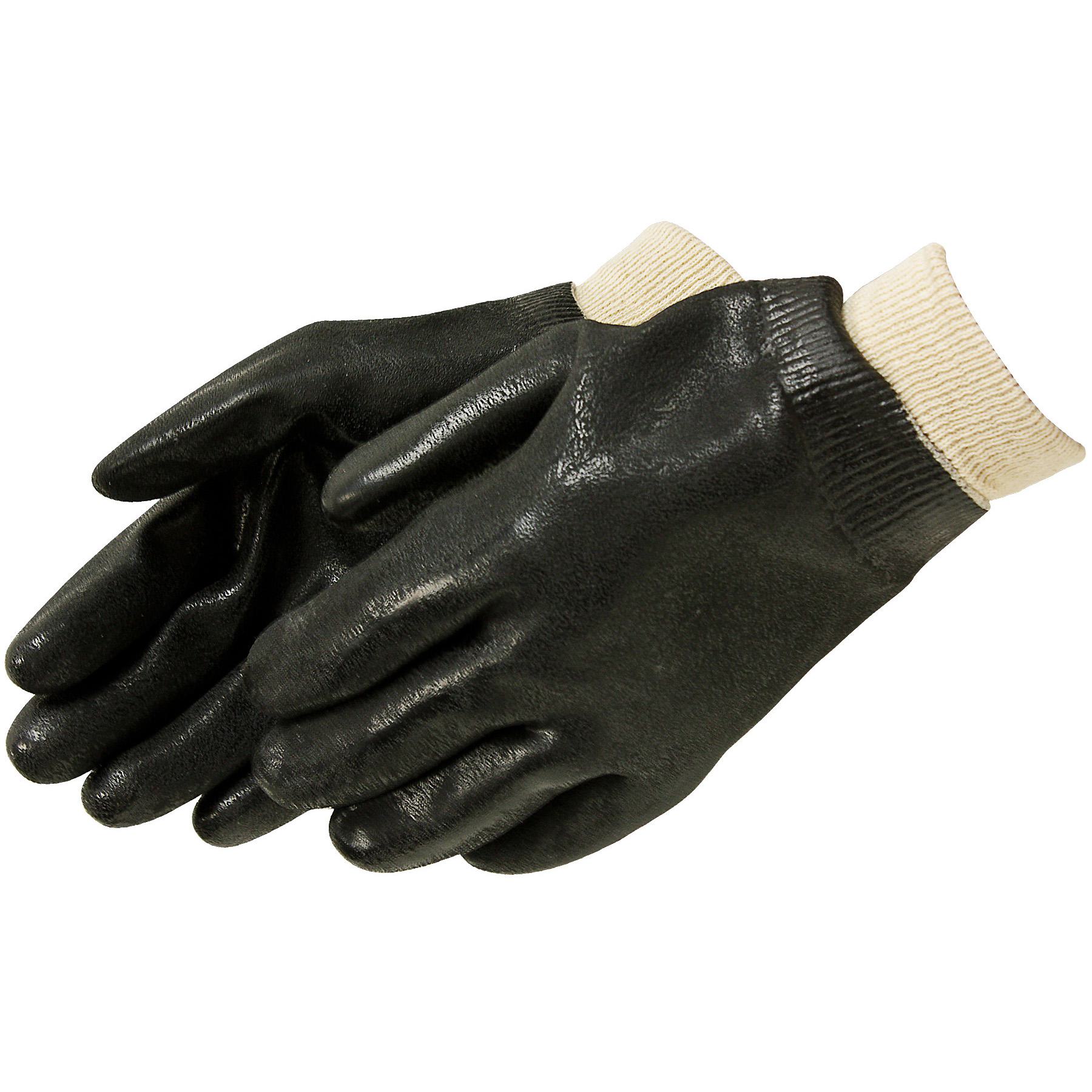 Glove, Double Dipped, PVC, Black, Rough Grip Style, Jersey Lining, Knit Wrist Cuff, Resists: Chemical