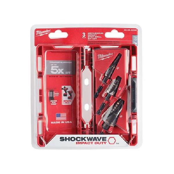 Step Drill Bit Set, Mechanical, 1/8 in Minimum Drill Bit Size, 1 in Maximum Drill Bit Size, 3 Piece, Specifications: 1/4 in Hex Shank, Rapid Strike Tip Point, 2-Flutes, For Use With: Impact Drivers and Drill Drivers, Titanium, TiAlN Coated