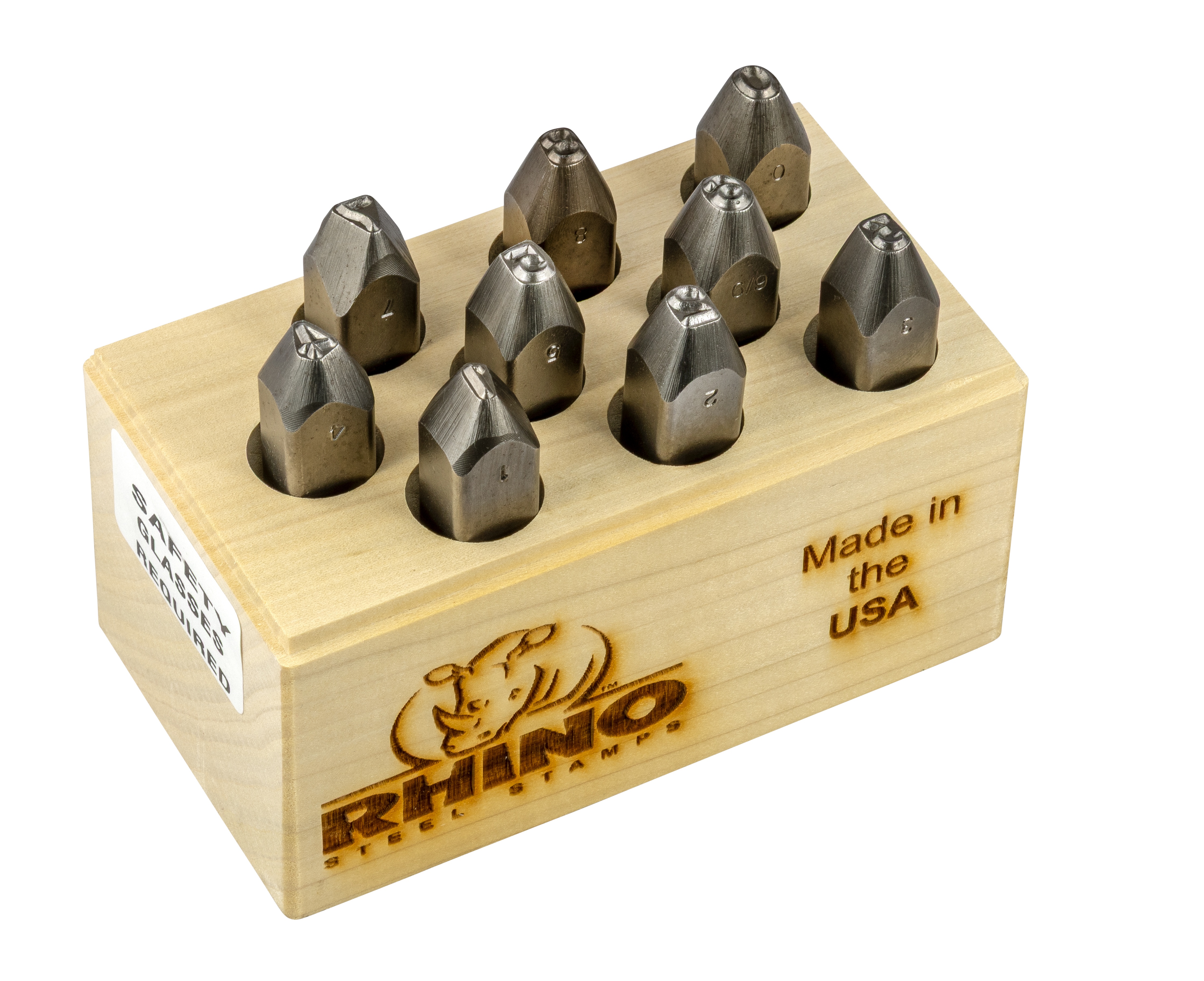 Number Stamp Set, 9-Piece Rhino, Character: Number 0 to 9 (the 6 is also used as 9), 1/8 in Character Height, 3-1/2 in Shank Length, 1/2 in Shank, Steel, 50 Rockwell C Hardness, Wood Case