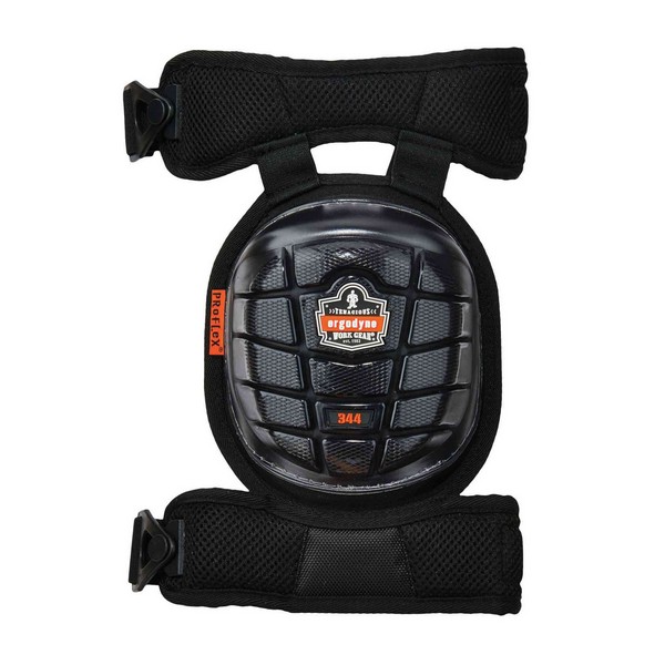 Knee Pads, Injected Long Cap, Series: 345, Universal, Rubber Cap, Gel-Polymer Pad, Clip/Hook and Loop Closure, Neoprene Strap, 2 Straps, Black