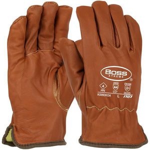 Cut Resistant Gloves, Goat Driver, Series: KS993KOA, L, Goatskin Grain Leather Palm, Aqua Armor/Oil Armor Coating, Brown, Keystone Thumb, Kevlar®, Elastic Wrist/Slip-On Cuff, 10-1/2 in Length, A4 ANSI Cut-Resistance Level, 5 ANSI Puncture-Resistance