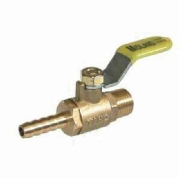 Ball Valve, Mini, 1/4 Inch Nominal, MIP x Hose Barb, Forged Brass Body, Brass (Stem, Ball Disc and End Plug) Trim, NBR/PTFE/PVC, Import