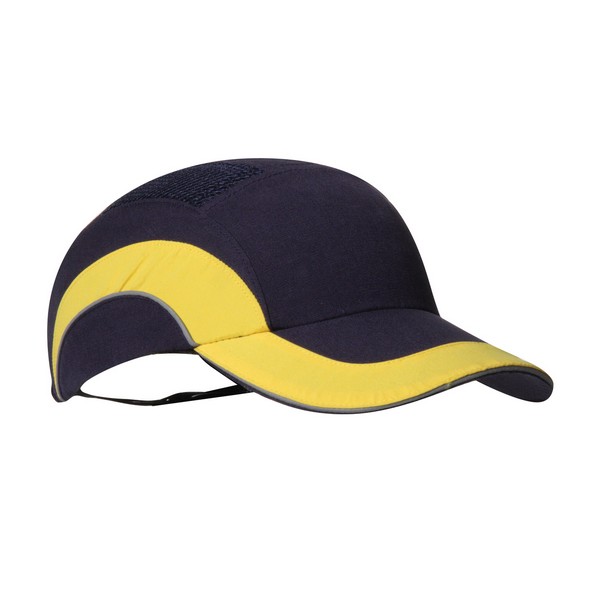 Bump Cap, Baseball Style Low Profile, Universal, Fits Hat Size: 6-5/8 to 7-7/8 in, Navy/Yellow, HDPE/Canvas/Expanded Neoprene, Elastic Strip Suspension, 20-3/4 to 24-5/8 in