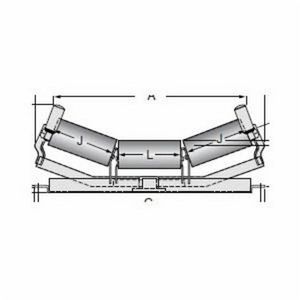 Troughing Idler, 5 Inch Roll Diameter, 20° Trough angle, 18 Inch Belt Width, Tapered Roller Bearing, 7 Inch Roller Length, 27 Inch Distance Between Mounting Holes, 23-3/16 Inch Distance Between Roller Ends, Steel