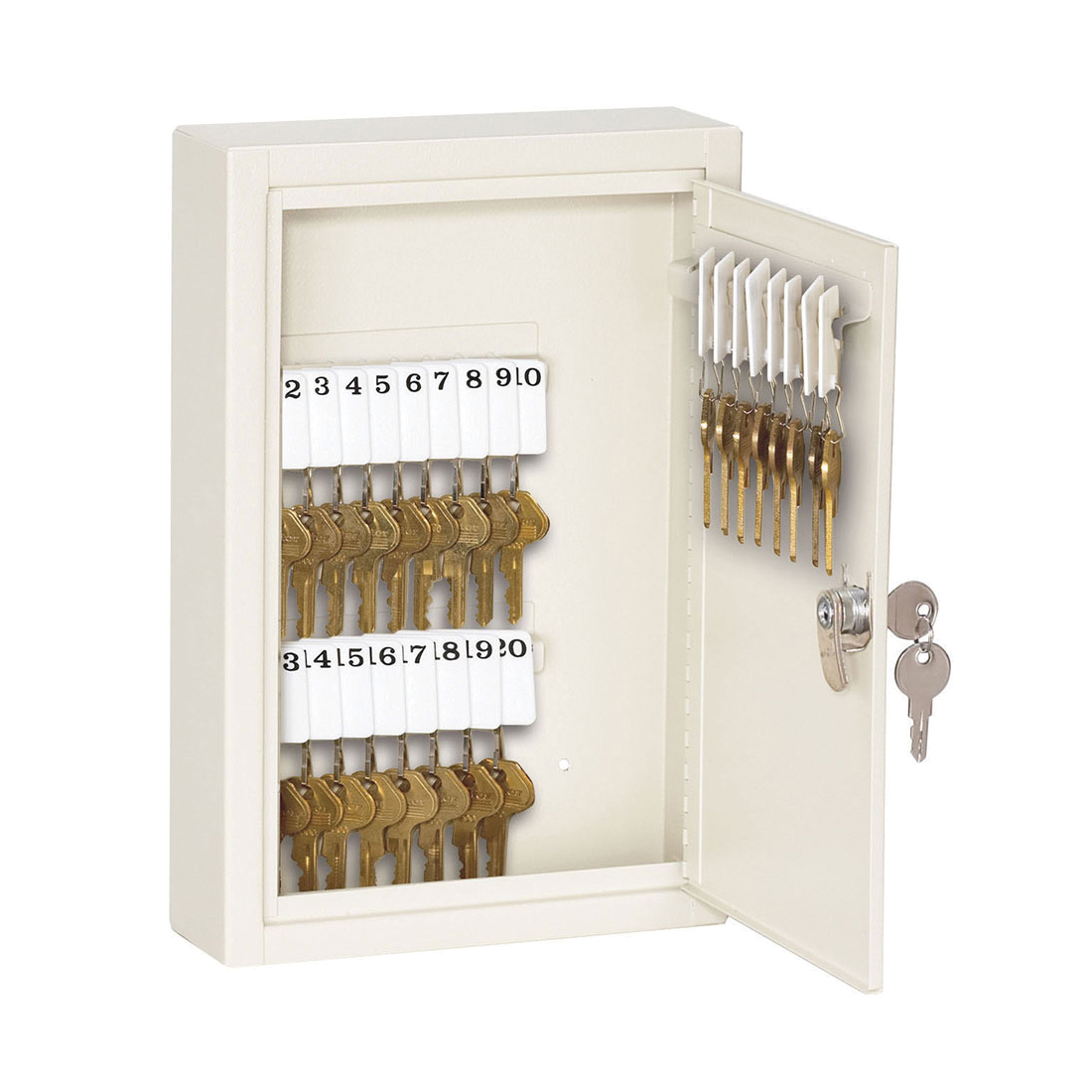 Key Cabinet, Heavy Duty Keyed Different, 30 Key, Hinged Door, 12 in Overall Height, 2-1/2 in Overall Depth, 8 in Overall Width, Heavy Duty Steel, Powder Coated