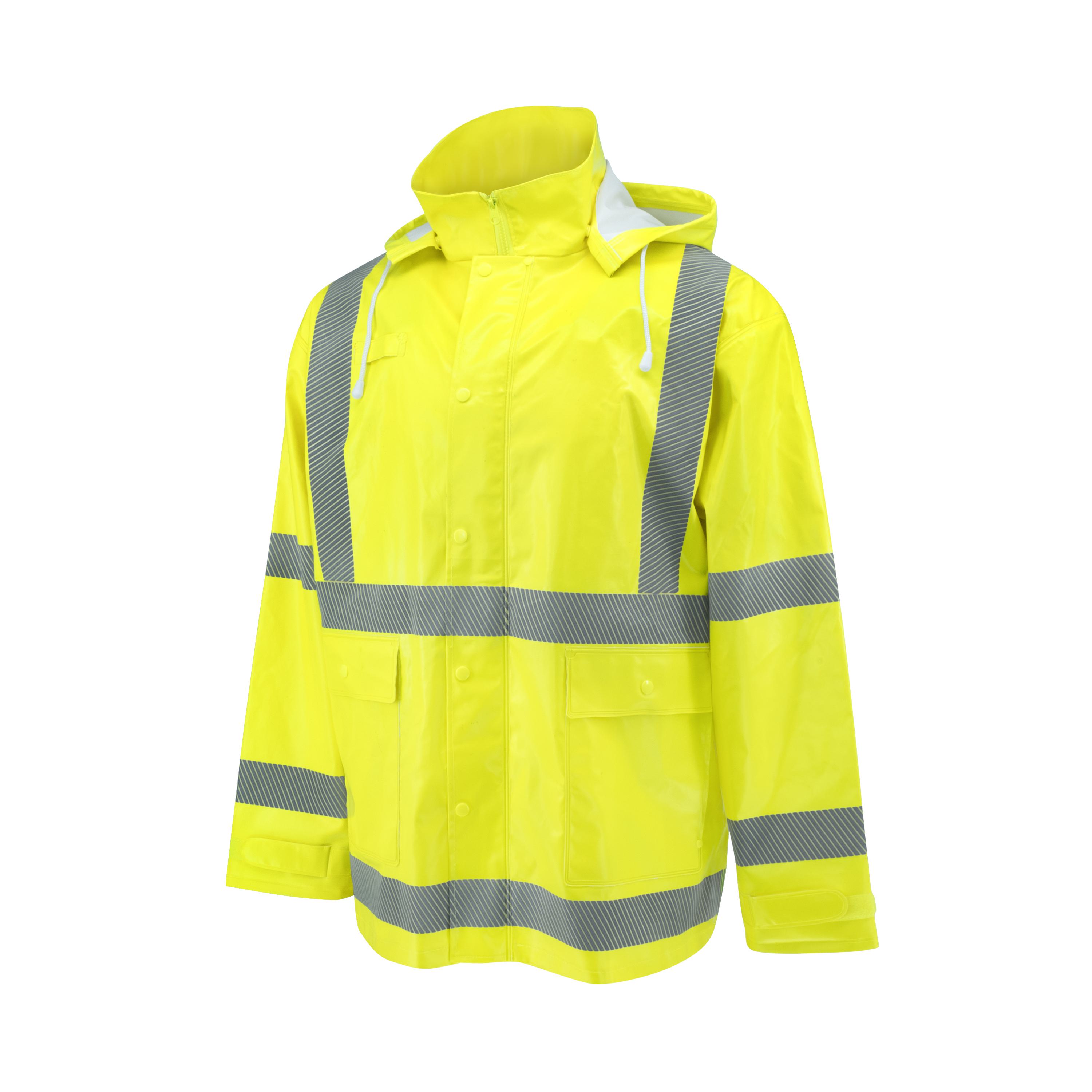 Rain Jacket, Self-Extinguishing, Series: RW08J, Unisex Gender, Lime, Polyester, 13 in Length, Zipper Front Closure, Specifications Met: ANSI/ISEA Class 2 Type R, High-Visibility: Yes, Detachable Hood, 4 Pockets, Resists: Water