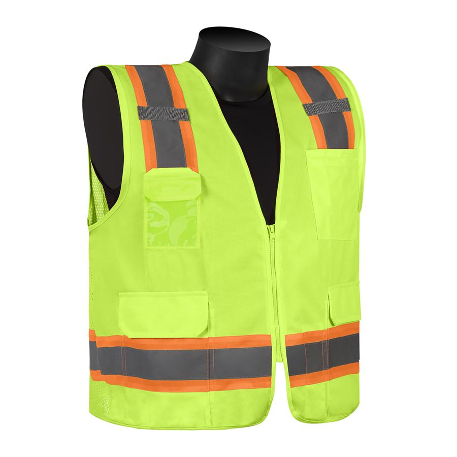 Surveyor Vest, Reflective, Series: FR16012G, XL Size, Hi-Viz Green, Mesh/Polyester, Front Zipper Closure, 6 Pockets, ANSI Class: Class 2