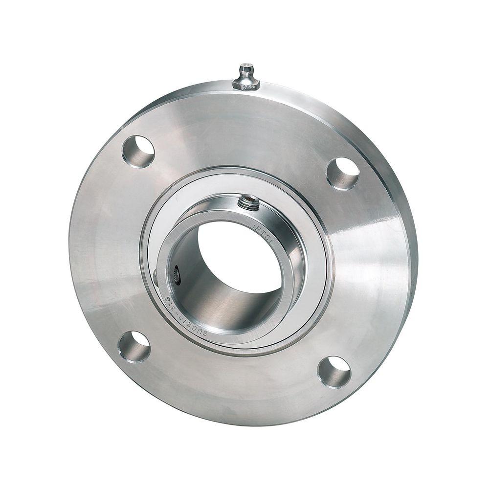 Flange Mount Ball Bearing Unit, Standard Duty, Series: CUCSFCS, 1.37 in Bore, Piloted Flange Mounting, 127 mm Overall Length/Diameter, Set Screw Locking Device, Stainless Steel Bearing, Silicone Rubber Seal, Chrome Coated