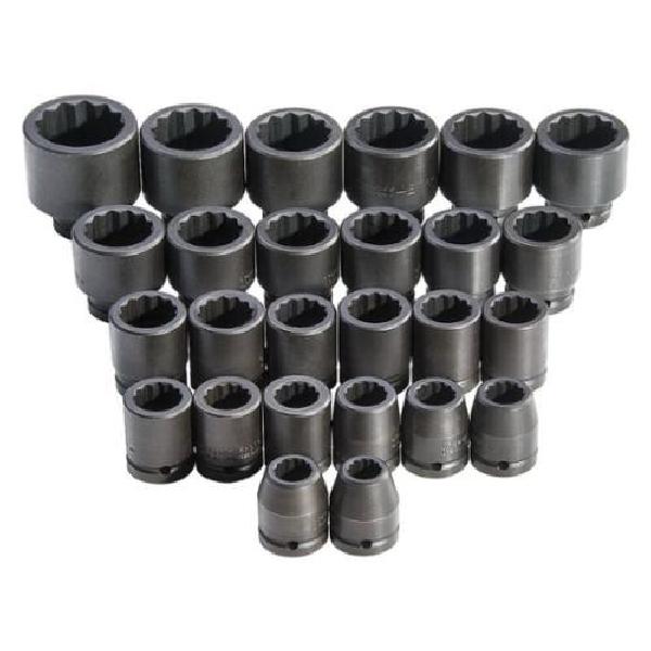Impact Socket Set, Large, Yes Impact Rated, Measurement System: Metric, 26 Piece, 12 Points, Included Socket Size: 17 to 50 mm, 3/4 in Drive, Specifications Met: ASME Specified, Alloy Steel, Black Oxide