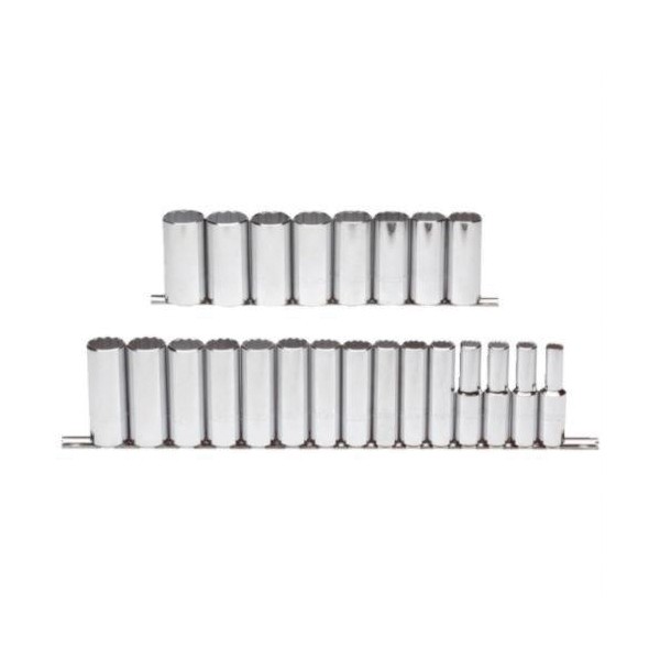 Socket Set, Deep, Measurement System: Metric, 23 Piece, 12 Points, Included Socket Size: 10 to 32 mm, 1/2 in Drive, Specifications Met: ASME B107.5M, Full Polished