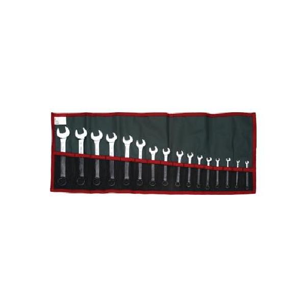 Wrench Set, Combination Short Length Shank, Metric System of Measurement, 3.2 to 17 mm Size, 16 Piece, Specifications: 6/12-Point, 15˚ Head, Alloy Steel, Satin