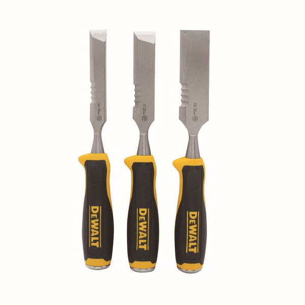 Wood Chisel Set, 3/4 to 1-1/4 in Chisel, 10-3/4 in Overall Length, 3 Chisels, 3 Piece, Side Strike Style, 3/4 in, 1 in and 1-1/4 in Chisels Set Contents, Carbon Steel Blade/Bi-Material Handle, Polished Chrome, Black/Yellow