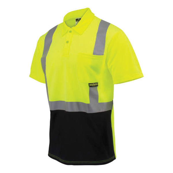 Safety Polo Shirt, Color Blocked High Visibility Short Sleeve, Series: ST12B, 2XL Size, Black/Hi-Viz Green, Polyester Birdseye, Button Closure, 1 Pocket