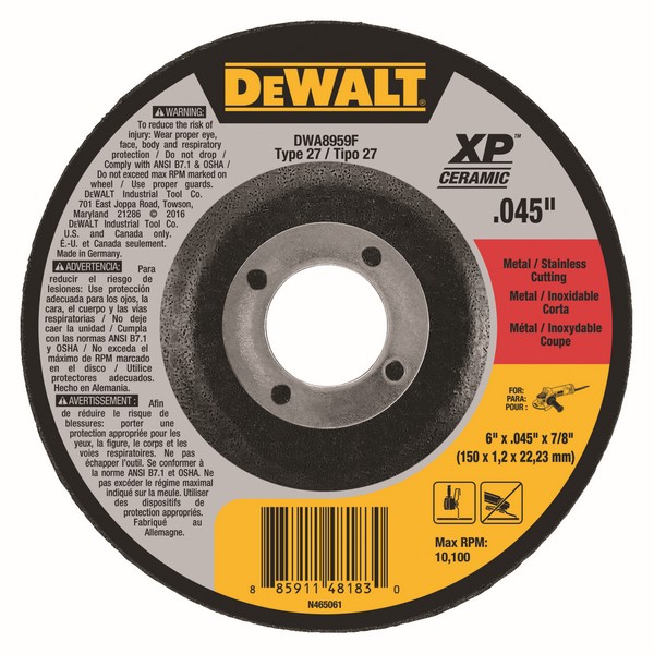 Depressed Center Wheel, Flat Small Diameter, 6 in Wheel Diameter, 0.045 in Wheel, 7/8 in Center Hole, Arbor Connector, 60 Grit, Coarse/Fine Grade, Aluminum Oxide Abrasive, Wheel Type Number: Type 27, 10100 RPM Resinoid Bond, Applicable Materials: Cut