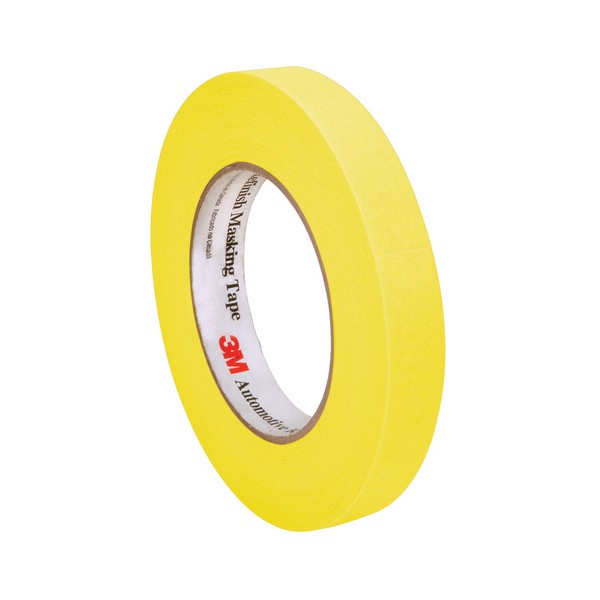Masking Tape, Automotive Refinish, 55 m Length, 18 mm Width, Paper, Yellow, Rubber Adhesive, Crepe Paper Backing, 37 in-oz Adhesion Strength, 28 in-lb Tensile Strength, 250 °F Maximum Operating, Removability: Removes Cleanly and Easily in 1-Piece Lea