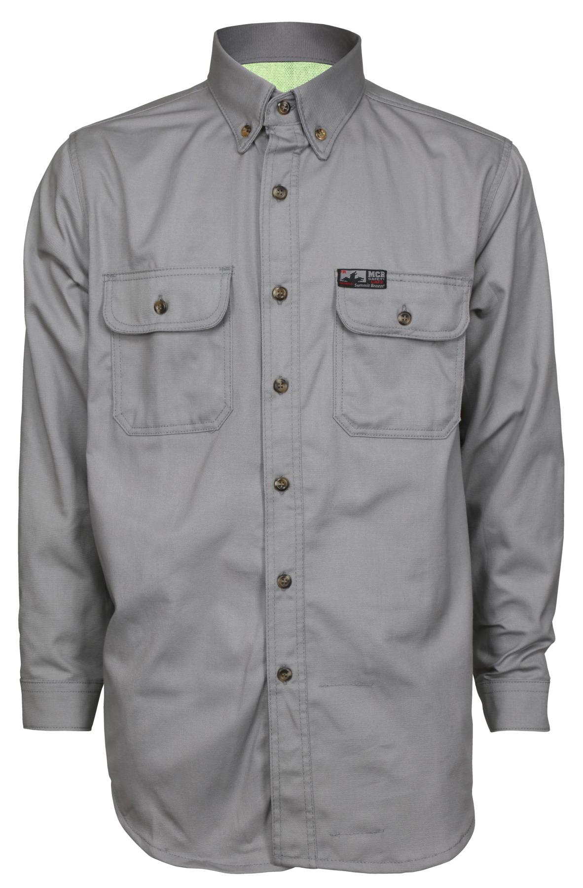 Shirt, Electrical Protection, X3/Regular Size, Grey, Cotton, 44 to 46 in Chest, Button Closure, 7 oz Fabric Weight, 2 Pockets