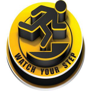3D Floor Sign, Circle, Text Legend, Legend: Watch Your Step, B-819 Vinyl, Self-Adhesive Mounting, Black on Yellow Legend/Background