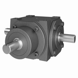Bevel Gear Reducer, 1.5:1 Gear Ratio, 10.05 HP, Shaft Input, Shaft Output, 3/4 Inch Diameter x 1-1/2 Inch Length Input, 3/4 Inch Diameter x 1-1/2 Inch Length, 3/4 Inch Diameter x 1-15/32 Inch Length Output, 1166.7 RPM Output Maximum Speed, 1750 RPM Input Maximum Speed, 516 in-lb, 5-3/16 Inch Centre Distance, Four-Bolt Surface Mount, Cast Iron