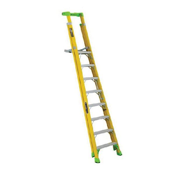 Platform and Leaning Step Ladder, Cross Pinnacle Pro, Series: FCP1400HD, 8 ft Ladder Height, 14-1/2 in Platform Width, 21-1/4 in Platform Depth, 7 ft 7 in Platform Height, 375 lb Load, 31-5/8 in Bottom Width, 65-3/4 in Base Spread, 7 Steps, 3 in Step Depth, Non-Marring Bonded Tread, ANSI Code: A14.5 Type IAA, Fiberglass