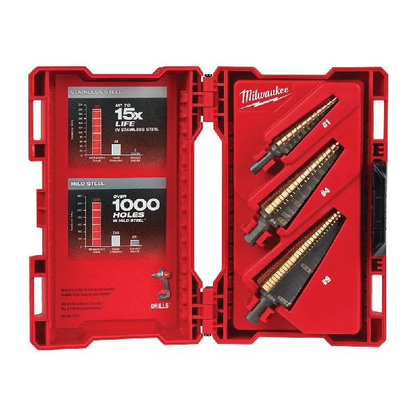 Step Drill Bit Set, #1 Minimum Drill Bit Size, #9 Maximum Drill Bit Size, 3 Piece, Specifications: 3-Flat Shank, Cobalt