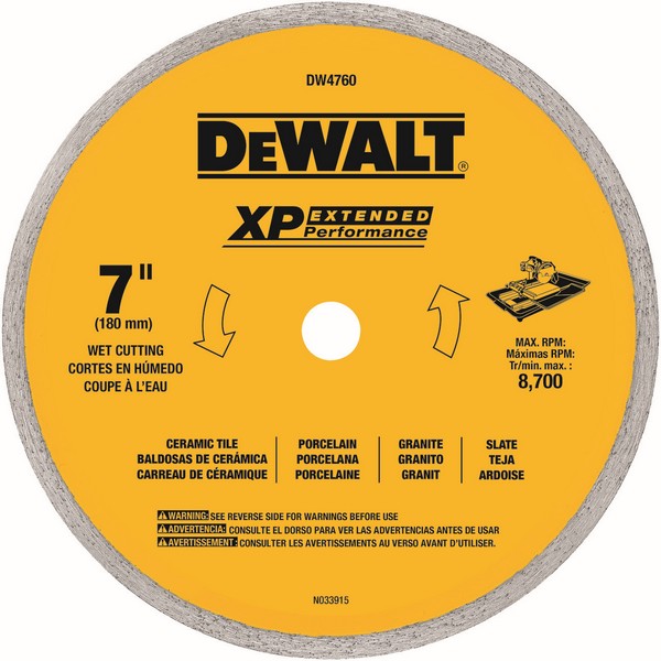 Diamond Saw Blade, Extended Performance Segmented Rim, 7 in Blade Dia, 5/8 in, 2-1/4 in Cutting Depth, Wet, 6.5 mm Segment Height, 8700 RPM Maximum, Applicable Materials: Ceramic Tile and Masonry