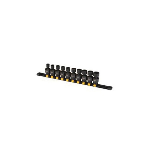 Impact Socket Set, Yes Impact Rated, Measurement System: Metric, 10 Piece, Included Socket: 10 to 19 mm, 3/8 in Drive, Drivers Included: No, Clip Rail Container, For Use With: O-Ring and Retaining Pin, CR-440 Steel, Black Oxide, Black