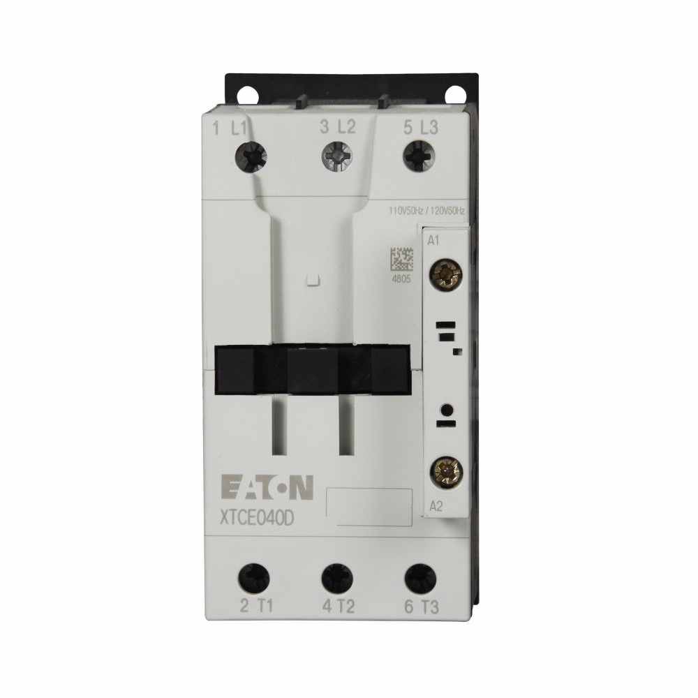 IEC Contactor, Full Voltage Non-Reversing, 110/120 VAC Coil, 40 A Maximum Load Current, 3 hp, 5 hp, 7-1/2 hp, 10 hp, 15 hp, 30 hp, 40 hp Coil, 3 Pole, 50/60 Hz Frequency, 12.5/18.5/23/24 kW Wattage, Non-Reversing Contact, 0NO-0NC Contact Configuration, 55 mm Size, Screw Terminal, IP20 Enclosure, -13 to 122 °F Operating, DIN Rail/Panel Mounting
