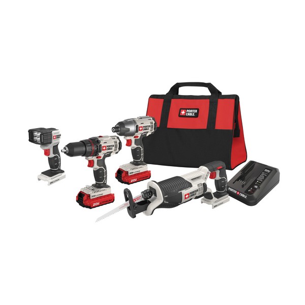 Cordless Combination Kit, 4-Tool Compact, Drill/Impact Driver/Reciprocating Saw, 20 V, Lithium-Ion, 1.5 Ah Battery, Kit Bag Package Type, Black/Gray/Red