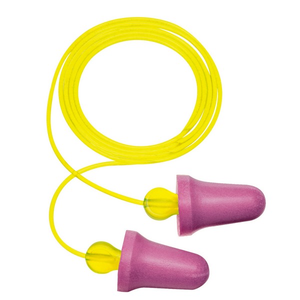 Earplugs, Corded Design, 29 dB Noise Reduction, Tapered Shape, Universal Size, Purple Plug, Polyurethane Plug, Yellow Cord, Vinyl Cord, Specifications Met: ANSI S3.19-1974, Disposable/Reusable: Disposable