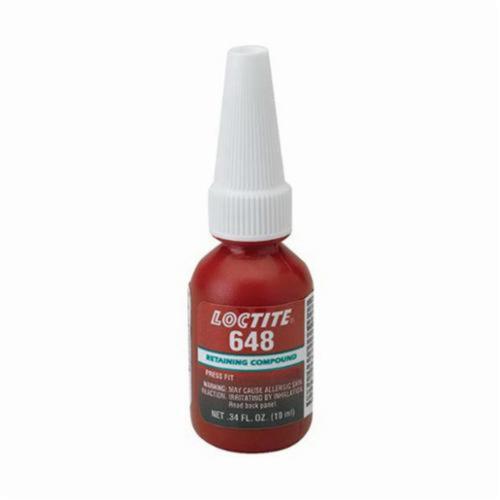 Retaining Compound, High Strength, Series: 648™, Bottle, 250 mL, Green, Characteristic, -65 to 300 deg F, 1.13 Specific Gravity, 93.3 deg C Flash, 0.03 VOC, 500 cPs Viscosity Rating, 3900 psi Shear Strength