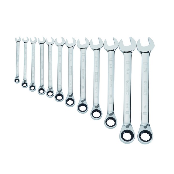 Wrench Set, Ratcheting, Metric System of Measurement, 8 to 19 mm Size, 12 Piece, Specifications: 72 Teeth, Polished Chrome