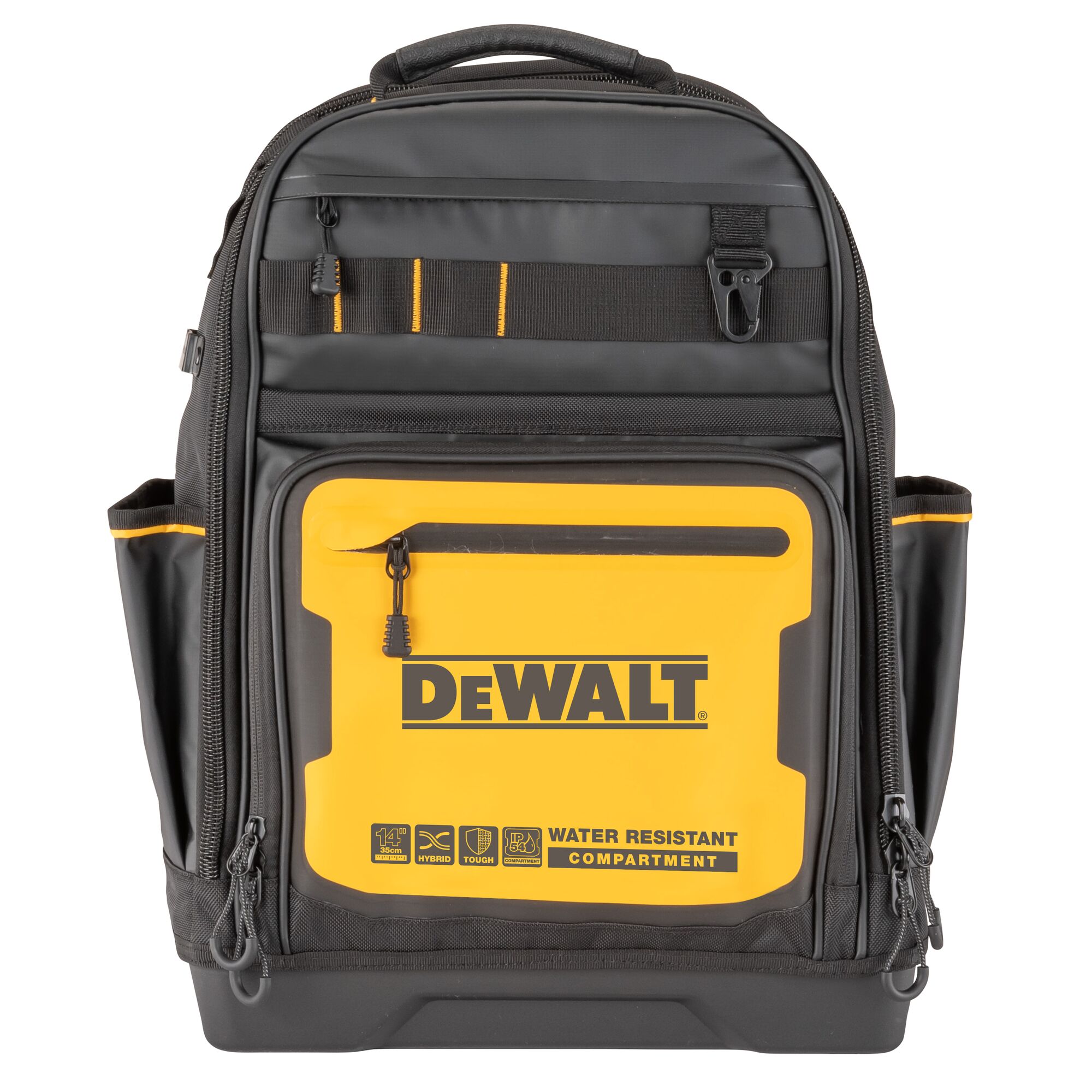 Backpack, 55.12 lb Capacity, 13-3/4 in L x 7-3/4 in W x 18-3/4 in H Outside, Denier Fabric, Black/Yellow, 43 Compartments, Carry/Shoulder Strap Handle