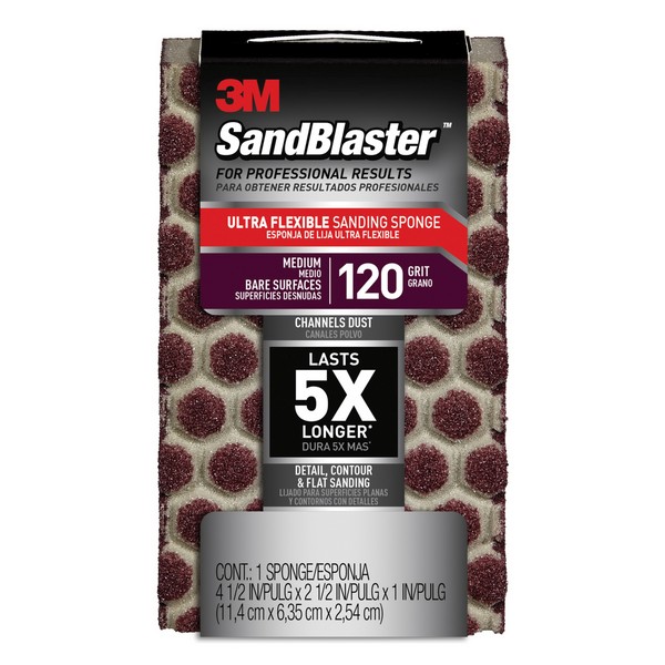 Sanding Sponge, Dust Channeling, 4-1/2 Inch Overall Length, 2-1/2 Inch Overall Width, 1 Inch Overall Thickness, 120 Grit