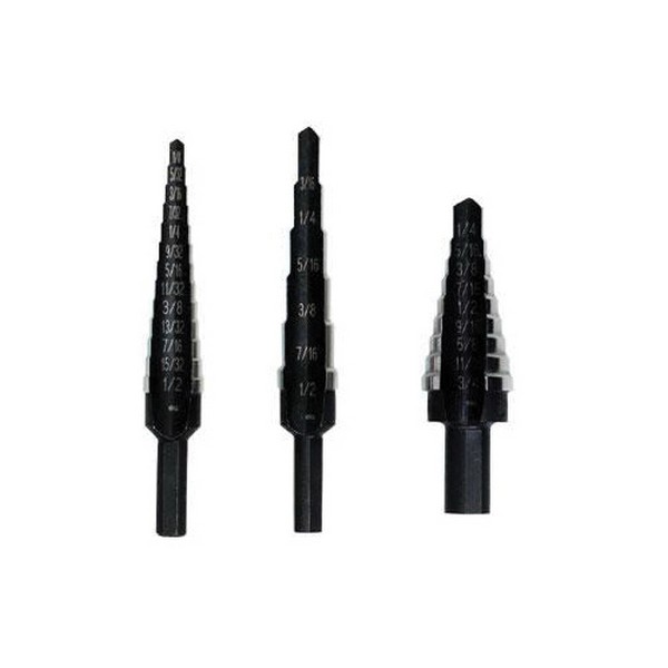 Step Drill Set, General Purpose, Imperial System of Measurement, #3 Minimum Drill Bit Size, #1 Maximum Drill Bit Size, 3 Piece, Specifications: 3-Flat Hex Shank, Standard Point, HSS/Cobalt, Uncoated