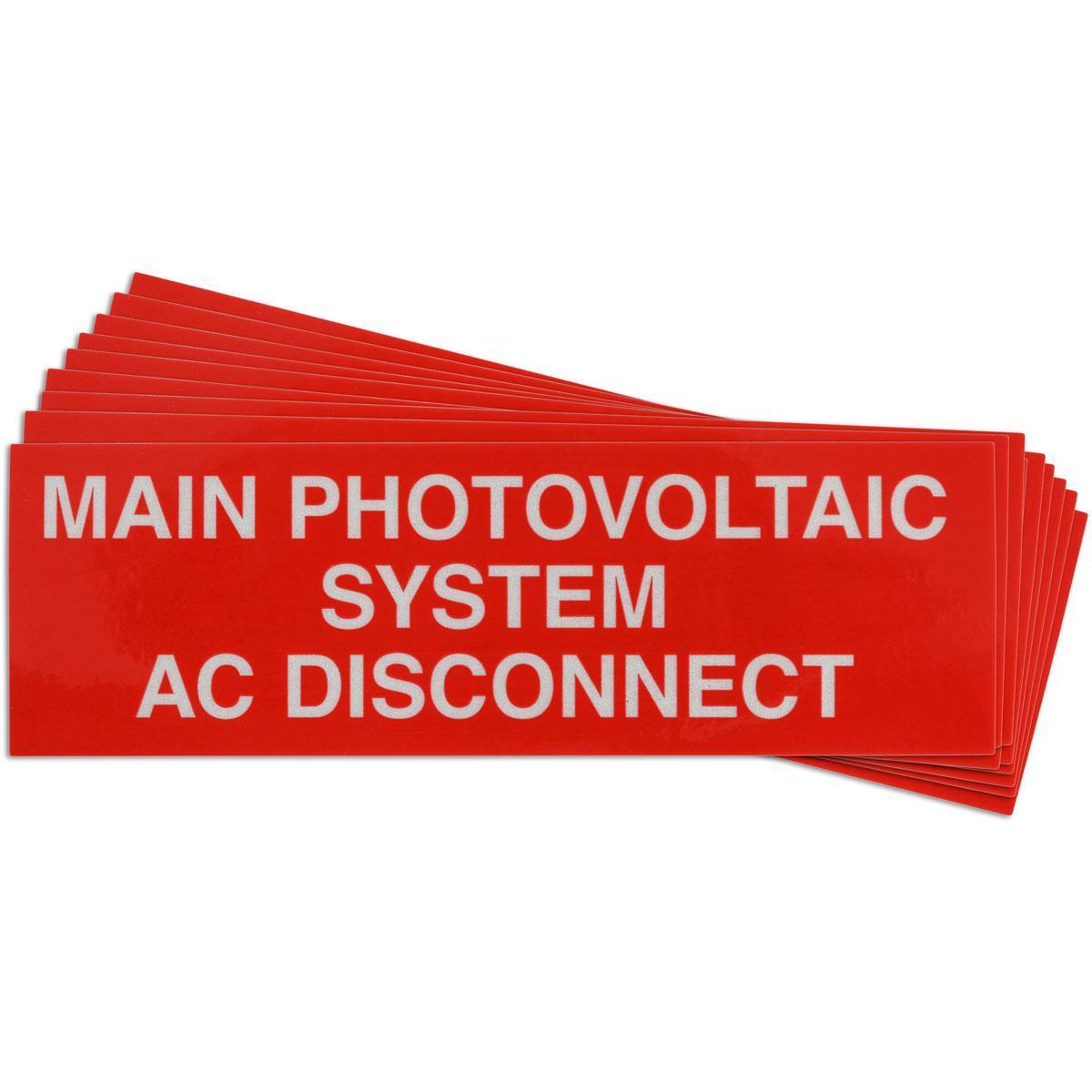Warning Label, Pre-Printed Rectangle, Text Legend, MAIN PHOTOVOLTAIC SYSTEM AC DISCONNECT Legend, B-921 Acrylic, 1 in Height, 6-1/2 in Width, Red on Reflective Legend/Background, 0.012 in Thickness