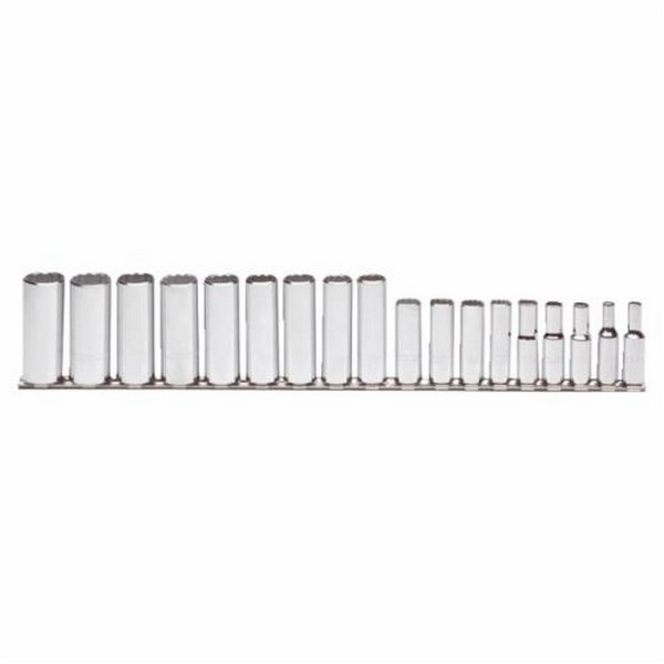 Socket Set, No Impact Rated, Measurement System: Metric, 18 Piece, 12 Points, 3/8 in Drive, Specifications Met: ASME B107.5M, For Use With: Stubborn or Damaged Fastener, Full Polished