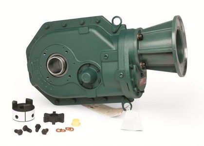 Reducer, 2-Piece Heavy-Duty, Series: MTA2, 18:1 Gear Ratio, 25.6 HP, C-Face Input, Twin Tapered Bushed Bore Output, 9 Inch Diameter x 6.69 Inch Length Input, 2-3/16 Inch Output, 195 RPM Output Maximum Speed, 3450 RPM Input Maximum Speed, 7540 in-lb Torque, Oil Lubrication, Shaft Mounting, Cast Iron, Gray Painted