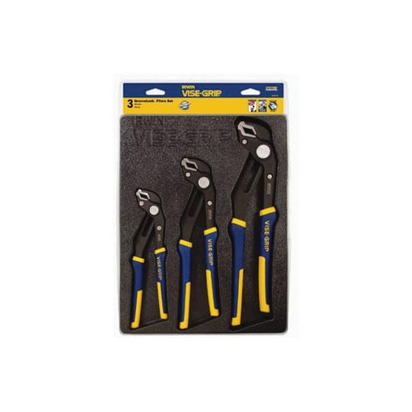 Plier Set, 3-Piece, Groove Lock Pliers, 1-3/4 in, 2-1/4 in, 2-3/4 in Maximum Jaw Opening, 3 Piece, Steel, Black Oxide, Blue/Yellow