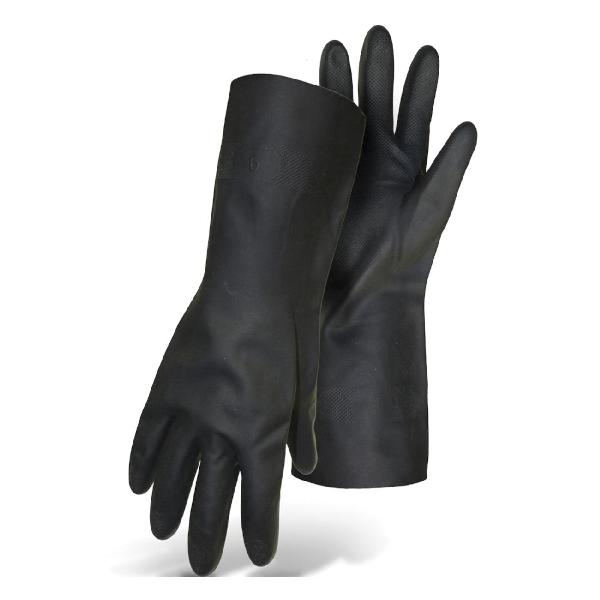 Chemical-Resistant Gloves, Series: 1UN2917, XL Size, Neoprene Palm, Neoprene, Black, Paired Hand, Fully Dipped/Raised Diamond Grip Style, Unlined Lining, Unsupported Support, 14 in Length, 22 mil Thickness, Resists: Acids, Caustics, Chemicals, Oils a