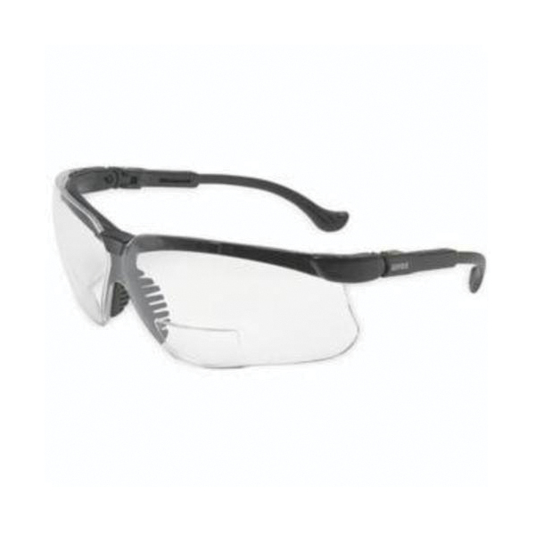 Safety Reading Glasses, Bi-Focal Lens, Series: Genesis®, +2 Diopter, Universal Size, Ultra-Dura® Hard Coat Lens Coating, Clear Lens, Wrap Around Frame, Black Frame, Polycarbonate Frame, Yes % UV Protection, 2-Shot Cushioned Temple, Specifications Met: ANSI Z87.1-2003, CSA Z94.3-2007