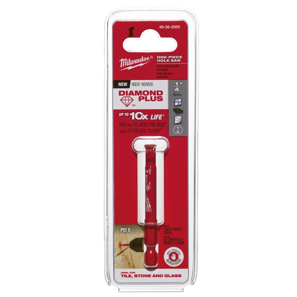 Hole Saw, 1-Piece Continuous Grit Edge Diamond, 1/4 in Diameter, 1/4 in Cutting Depth, 0.55 in Overall Length, Diamond Cutting Edge, Diamond Coated Body, 1/4 in Chuck, Hex/Quick-Change Shank, 1/4 in Shank, Red, Applicable Materials: Fiber Cement Boar