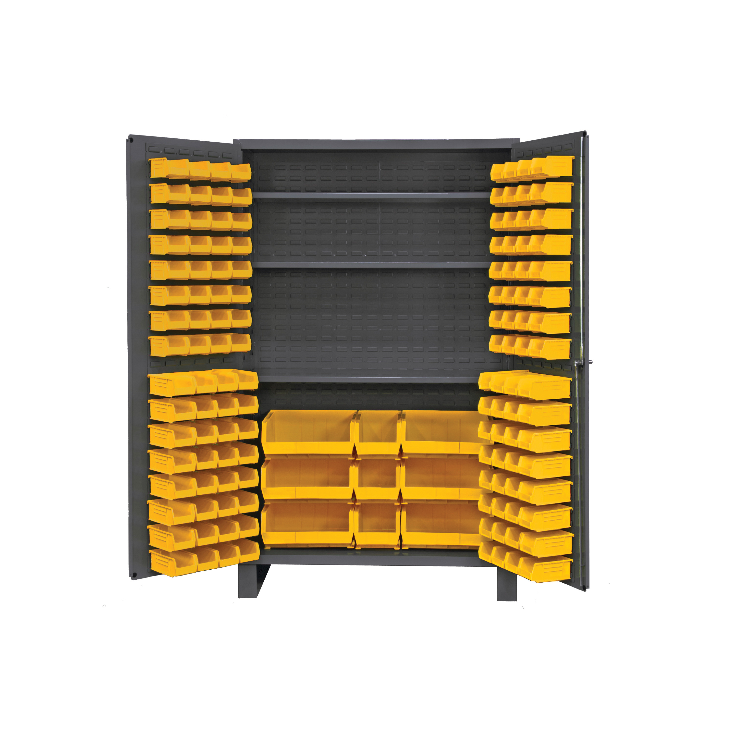 Bin Cabinet, 24 Inch Overall Length, 48 Inch Overall Width, 78 Inch Overall Height, Steel, Gray, 14 ga Gauge Thickness, 3 Cabinet Shelves, 750 lb Cabinet Shelf Capacity, 47-3/4 Inch Width x 16-3/8 Inch Diameter Adjustable Cabinet Shelf Size, 137 Bins, Yellow Bin, (64) 4 x 5 x 3 Inch, (64) 4 x 7 x 3 Inch, (3) 8 x 15 x 7 Inch, (6) 16 x 15 x 7 Inch Bin